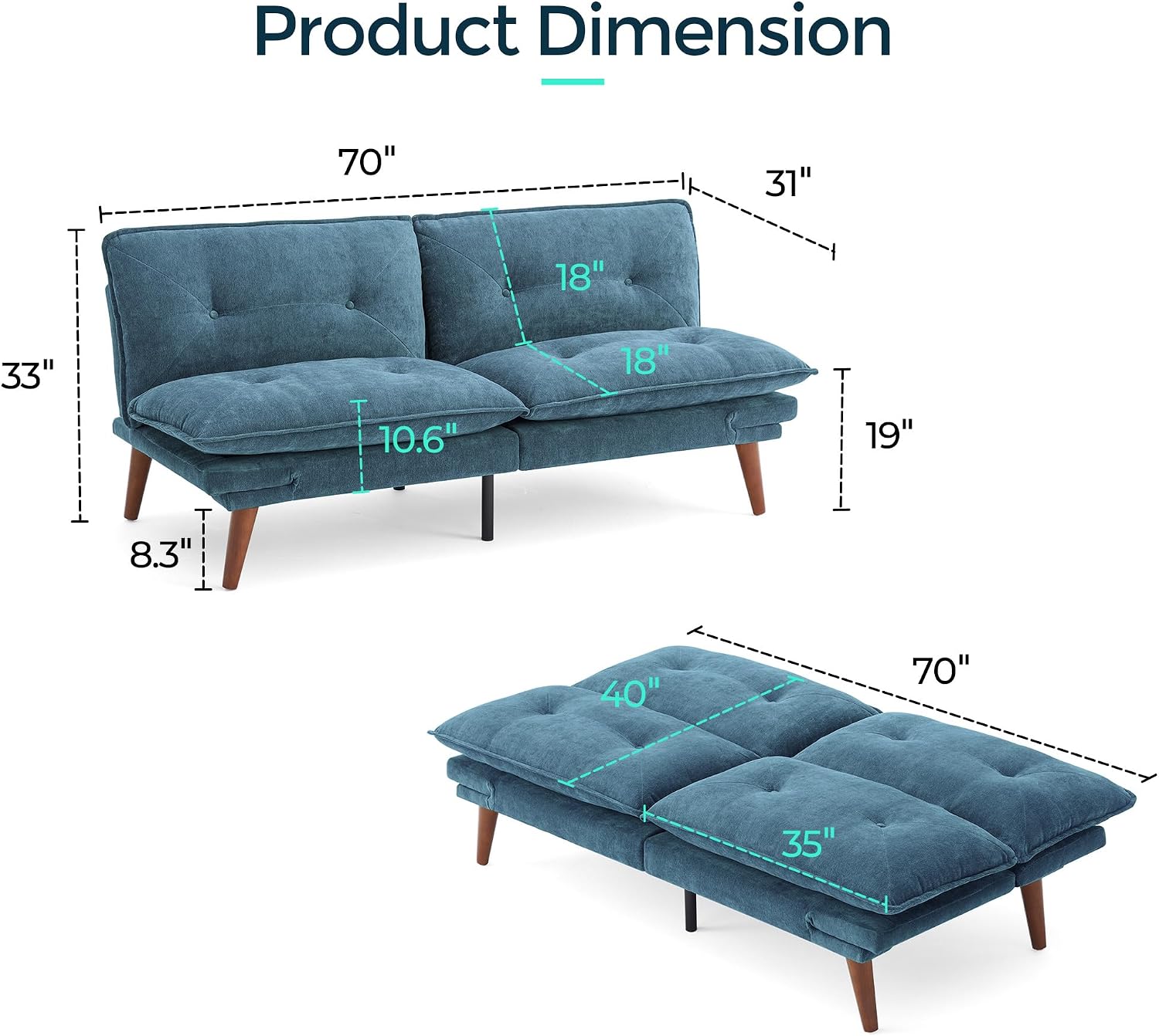 LINSY HOME Futon Sofa Bed, 70' Futon Couch with Adjustable Backrest and Armrest, Comfy Loveseat Convertible Folding Sleeper Sofa Couches for Small Spaces Living Rooms Apartment Office