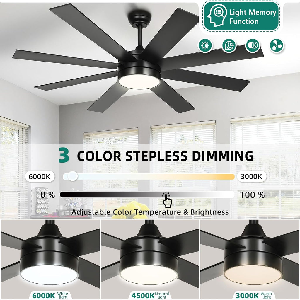 YITAHOME 60 Inch Black Ceiling Fan with Lights and Remote,8 Blades,App Control, Modern Smart Ceiling Fan Compatible with Alexa for Indoor, Reversible Quiet Motor, Memory Function