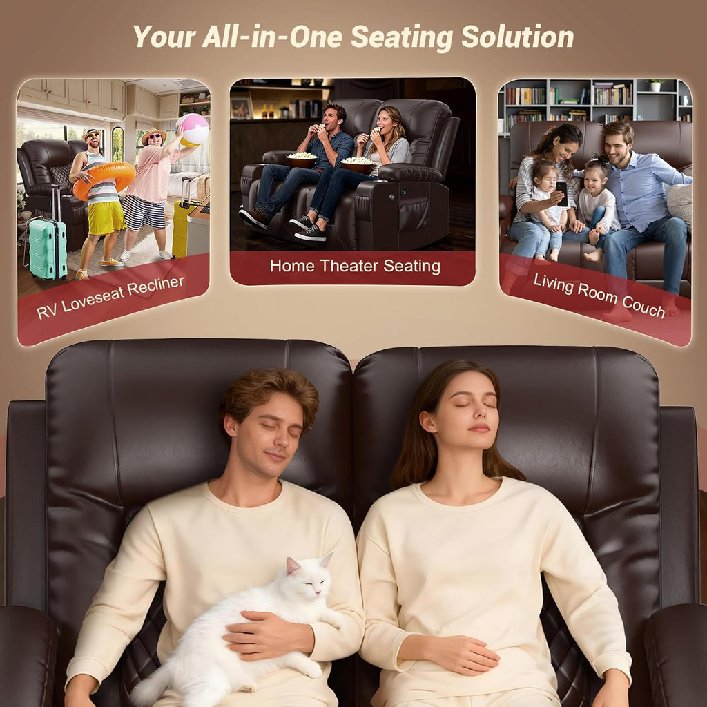 FURNIMAT Loveseat Recliner Sofa, 2 Seater Reclining Loveseat Sofa, PU Leather RV Loveseat Couch, Recliner Chair for Living Room, with Cup Holder and 2 Cell Phone Holder, USB Ports, Brown