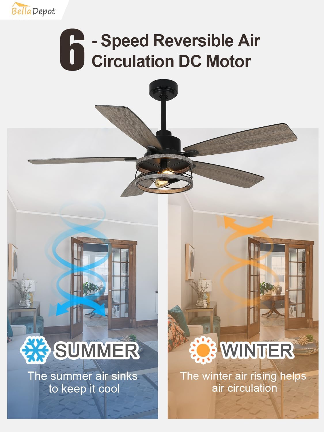 Bella Depot 52' Farmhouse Caged Ceiling Fan with Light, Remote Control & Silent Motor, Industrial Chandelier Style Fandelier for Bedroom Living Room Dining Room