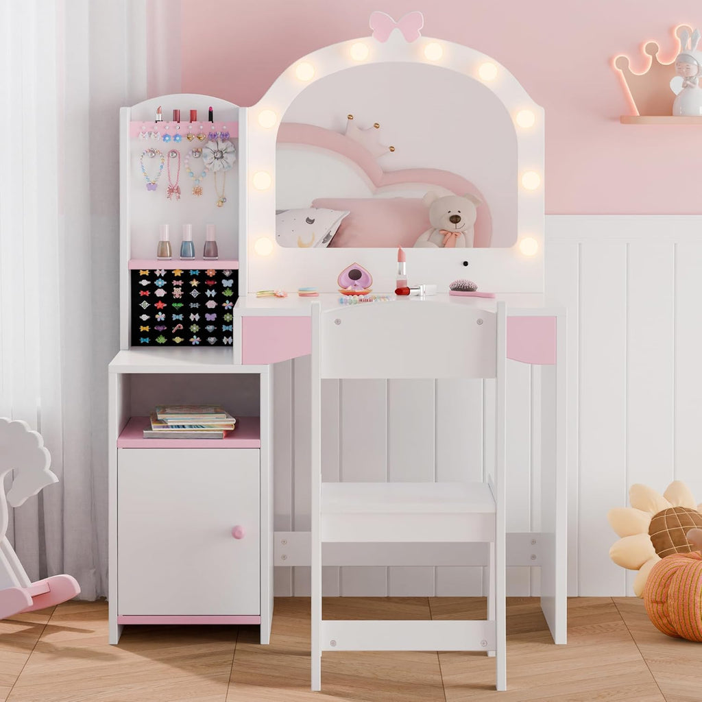 MU Kids Vanity, Girl Vanity Set with Mirror and Chair, 2 in 1 Toddler Makeup Vanity Table with Jewelry Storage, Wooden Princess Makeup Desk Dressing Table for Little Girls, White