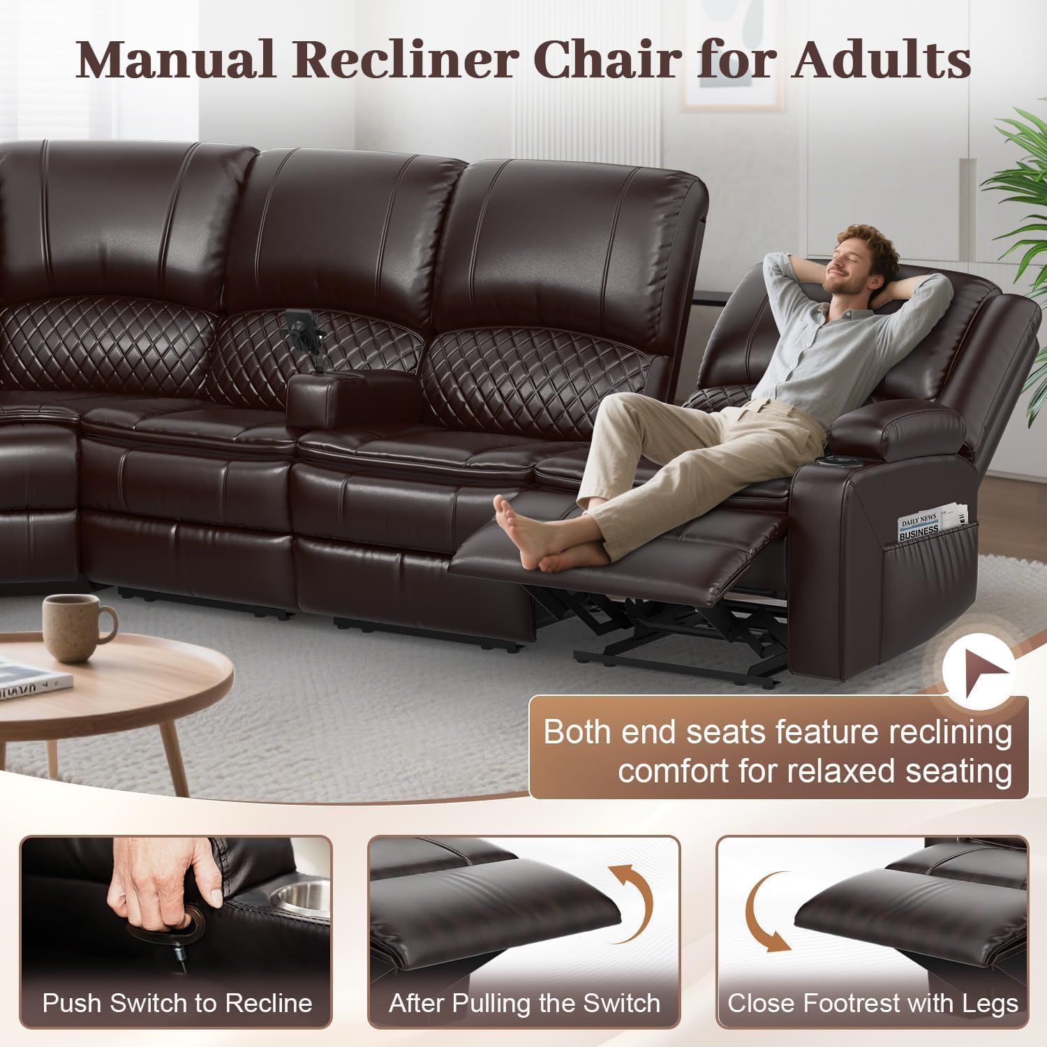 Yolsali Home Theater Seating Reclining Sectional Sofa, 5 Seats Soft Leather Recliner Corner Sectional Couch, Recliner Couch with USB Charging, Thickened Padding, Sturdy Frame, Brown