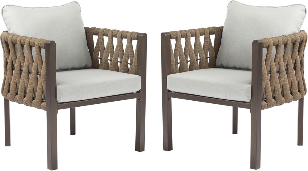 Christopher Knight Home Lena Patio Club Chairs Set of 2, Metal Accent Chairs, Rope Woven Backrest Armchair, Upholstered Cushions Seating, Tub Back Design for Backyard Garden, Brown+Light Gray