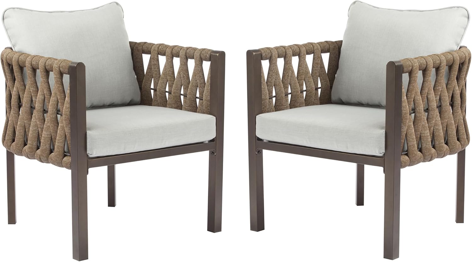 Christopher Knight Home Lena Patio Club Chairs Set of 2, Metal Accent Chairs, Rope Woven Backrest Armchair, Upholstered Cushions Seating, Tub Back Design for Backyard Garden, Brown+Light Gray