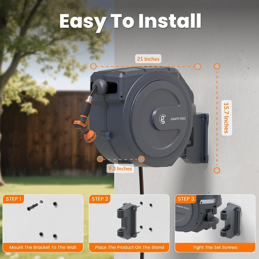 Giraffe Tools AW30 Wall Mounted 1/2' x 100 ft Garden Hose Reel, Retractable Water Hose Reel, Automatic Rewind & Lock at Any Length