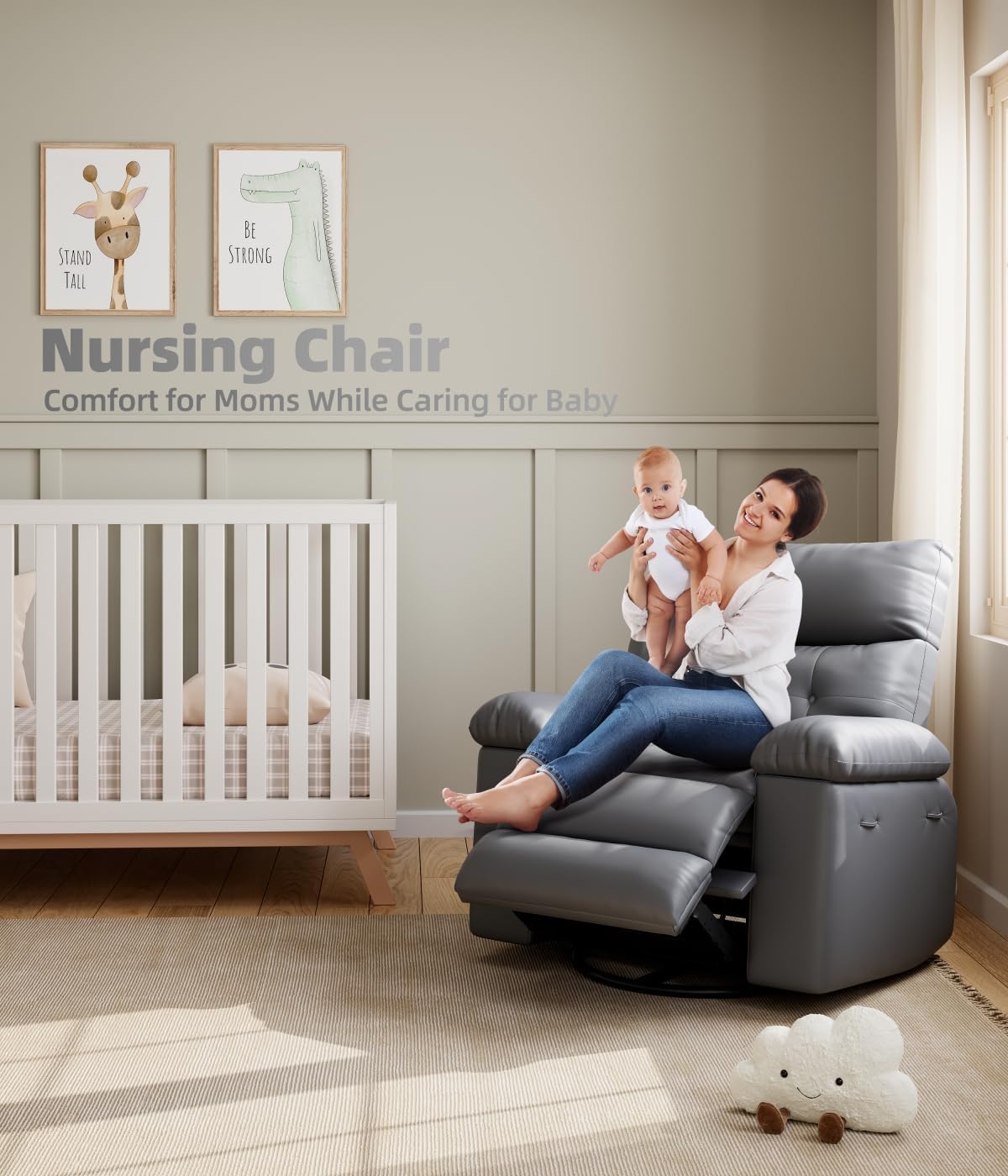 GarveeHome Oversized Recliner Chairs, Classic Manual Leather Recliner, Home Theater Seating with Lumbar & Arms Support for Living Room, Bedroom and Nursery - Grey