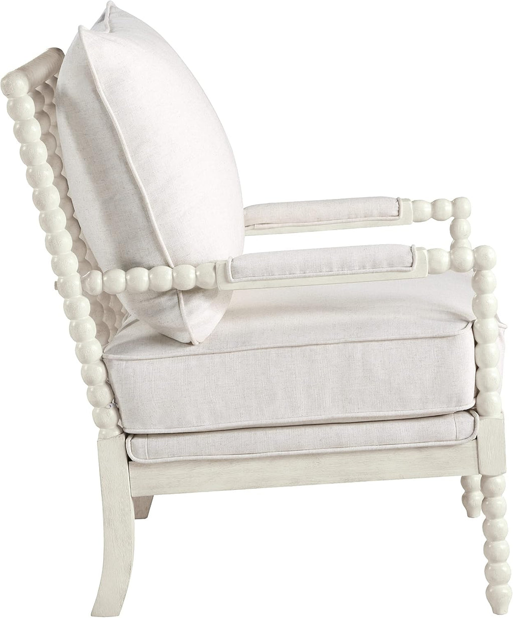 OSP Home Furnishings Kaylee Spindle Accent Chair with Antique White Wood Frame, White Linen Fabric