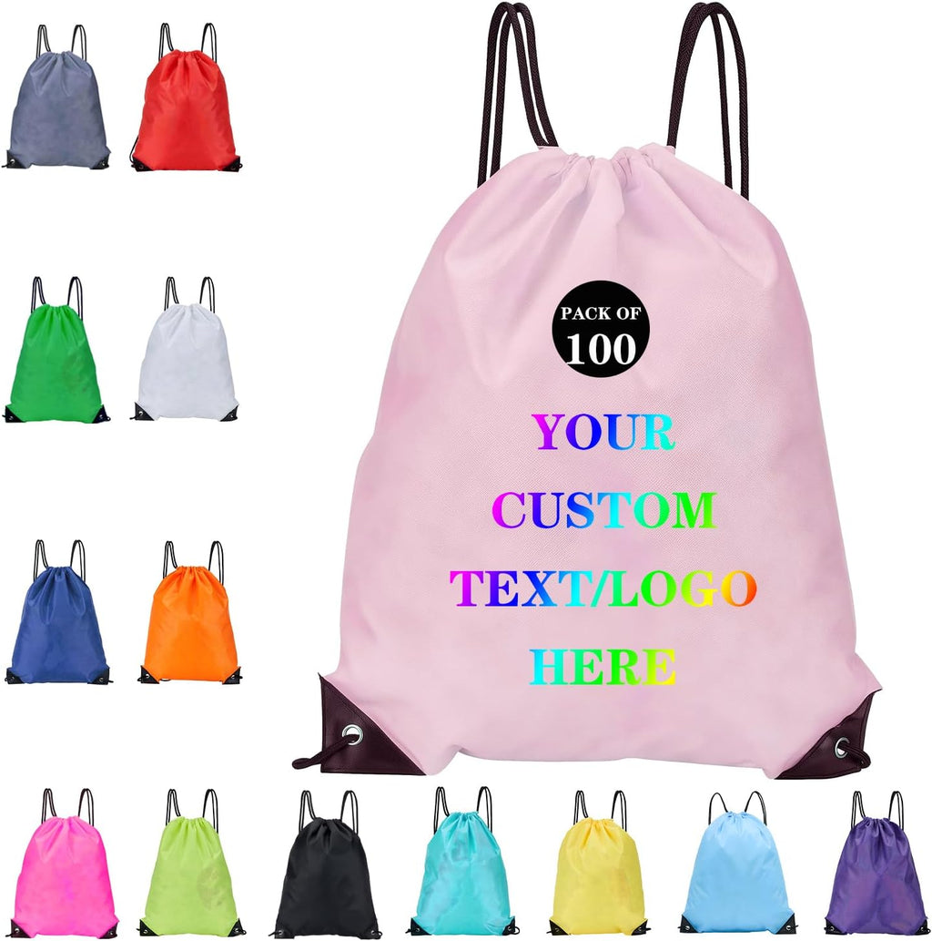 Custom Bags With Your Logo Set of 100 Custom Backpack Draw String Bags Pack Bulk for Travelling Swimming Gym Everyday Use (Pink)
