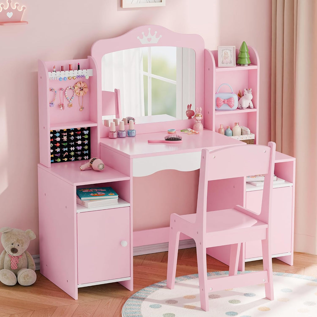 MU Kids Vanity, Girl Vanity Set with Mirror and Stool, 2 in 1 Toddler Makeup Vanity Table with Jewelry Storage, Wooden Princess Makeup Desk Dressing Table for Little Girls, (Pink)