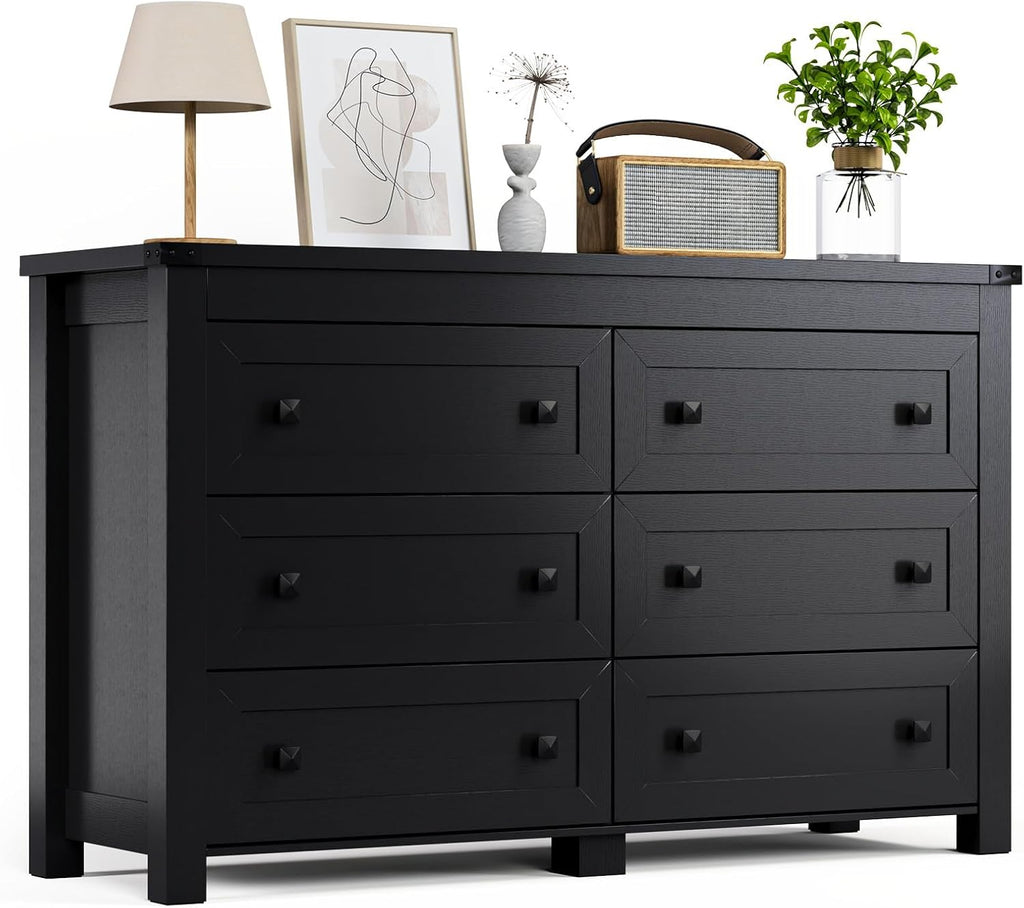 HUANLEGO Black Dresser for Bedroom with 6 Drawers, Modern Chest of Drawers, Wood Dressers Bedroom Furniture Wide Storage Organizer, 6 Drawer Dresser for Closet, Living Room, Hallway