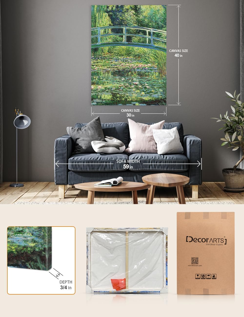DECORARTS - The Japanese Bridge (Water-Lily Pond) by Claude Monet, Museum-Quality Giclee Canvas Print, Wall Art Reproduction, 30' W x 40' H, Made in USA