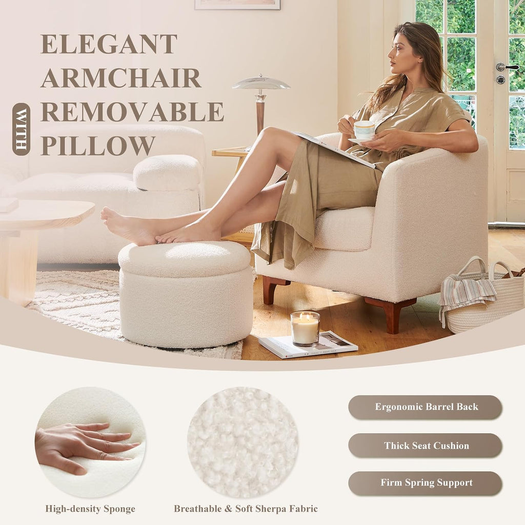 COLAMY Sherpa Accent Chair and Storage Ottoman Set of 2, Modern Upholstered Living Room Chair with Foot Rest, Armchair with Back Pillow and Wooden Legs for Living Room, Bedroom, Classic Cream