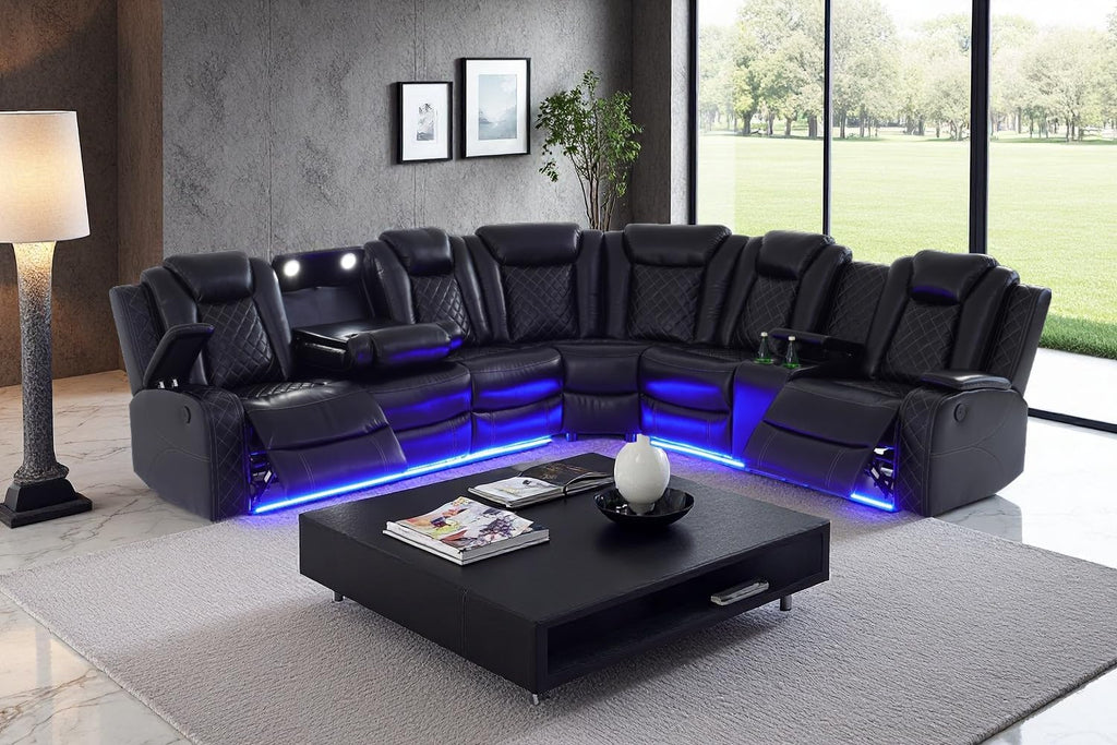 A Ainehome Power Recliner Set, Leather Sectional Sofa Set for Living Room, Home Theater, with LED Lights, Cup Holder, Hide-Away Storage, Wireless Charging(A-Black)