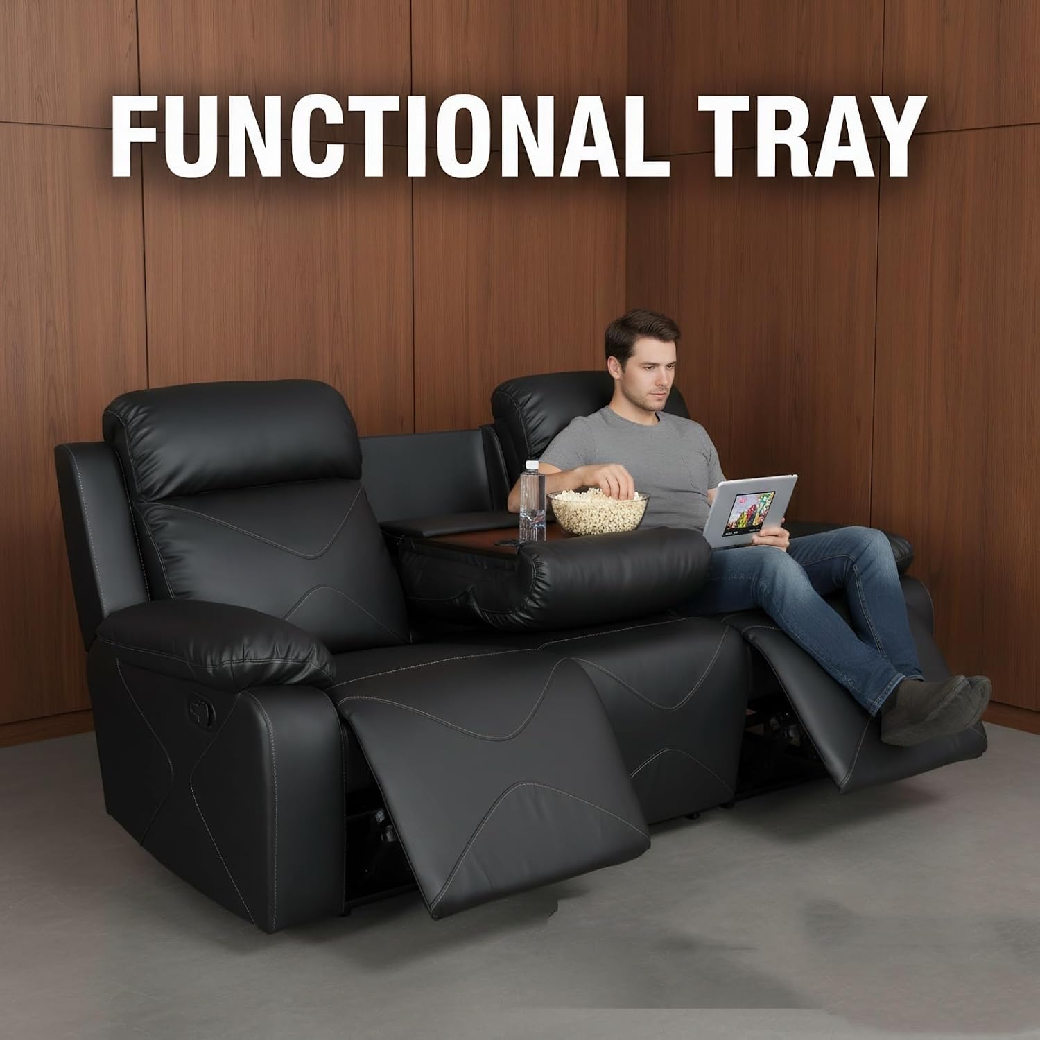 2-Piece Manual Leather Recliner Sofa Set, Adjustable Backrest Reclining Loveseat Sofa & Recliner Chair with Convertible Middle Coffee Table for House, Home Theater, Black