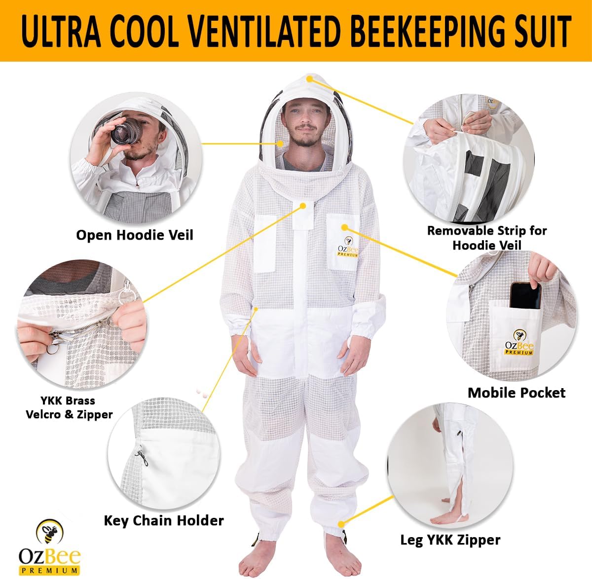 OZBEE 3-Layer Ventilated Mesh Beekeeping Suit with Fencing Hoodie Veil & Round Veil, Includes Goatskin Leather Gloves
