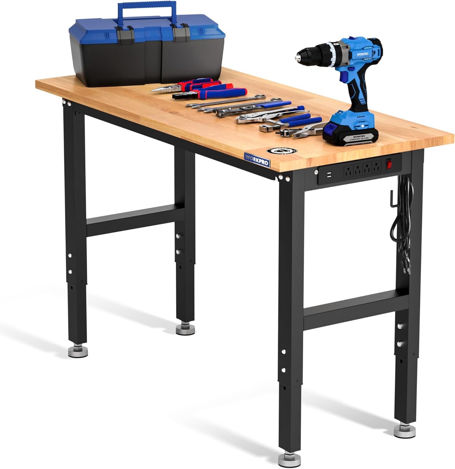 WORKPRO Adjustable Garage Workbench, 48'x22' Rubber Wood Top Heavy-Duty Work Desk with Power Outlets, Leveling Foot, 5 Heights, 1500 LBS Load Capacity Work Benches for Garage, Workshop