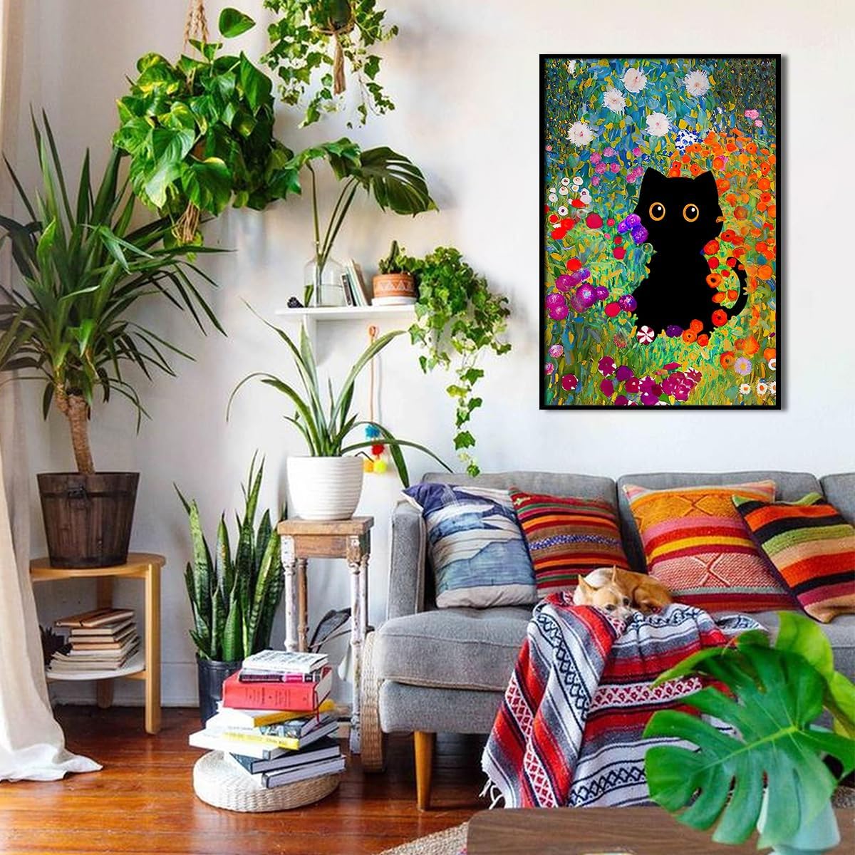 Vintage Black Cat Poster Impressionist Colorful Flower Garden Canvas Wall Art Famous Art Prints 24X36 inch Black Framed Funny Cat Pictures for Gallery Bedroom Wall Decor