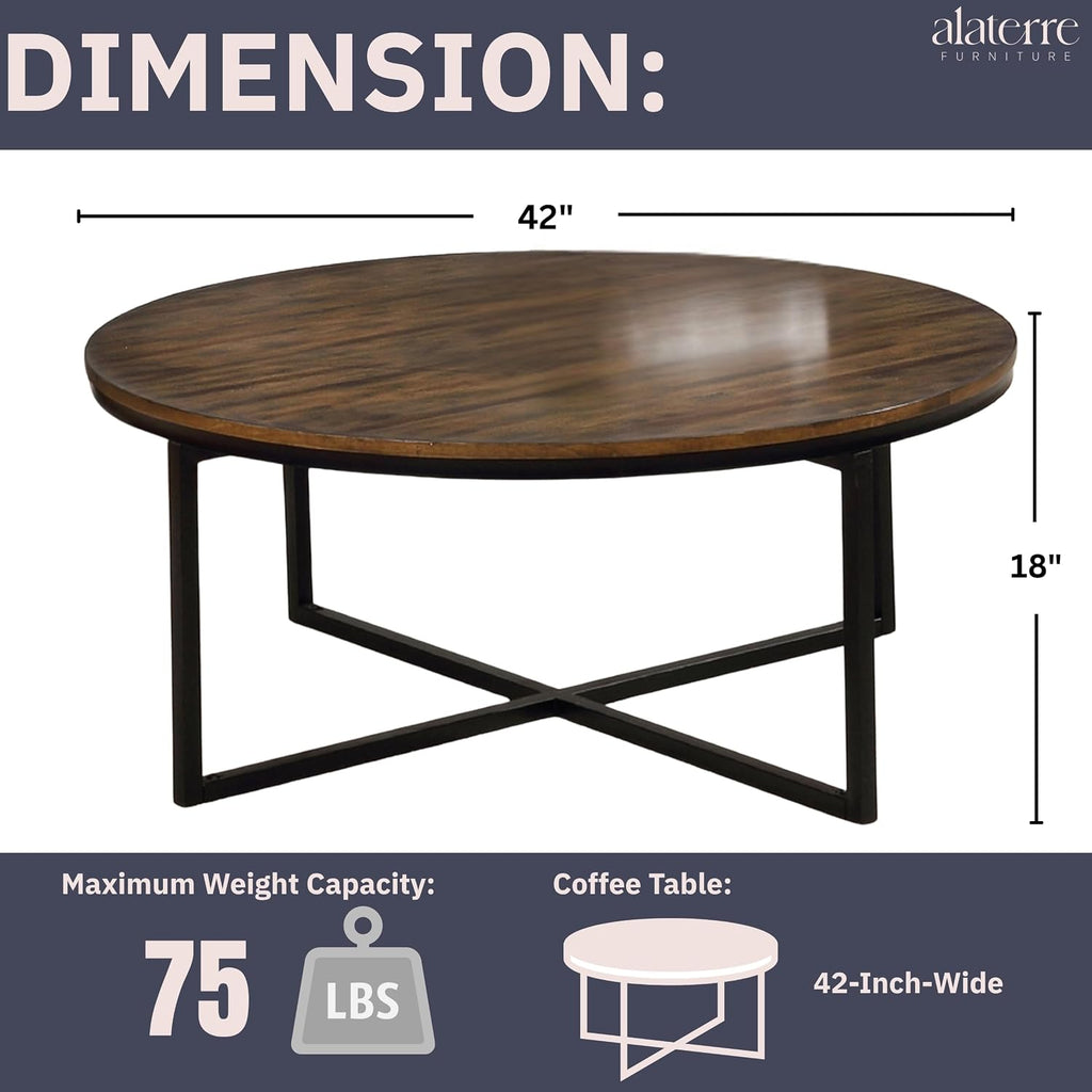 Arcadia 42-Inch Round Acacia Wood Coffee Table – Industrial Living Room Table with Antiqued Mocha Finish and Metal Sled Legs – Ideal Centerpiece for Sectionals and Sofas by Alaterre Furniture