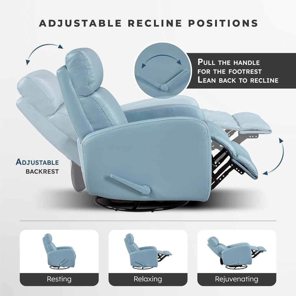 Lexicon Swivel Glider Reclining Chair, Top Grain Leather Match Manual Pull Handle Recliner, Comfy Nursery Glider Recliner, Swivel Reclining Chair for Living Room/Office/Bedroom/Apartment, Blue