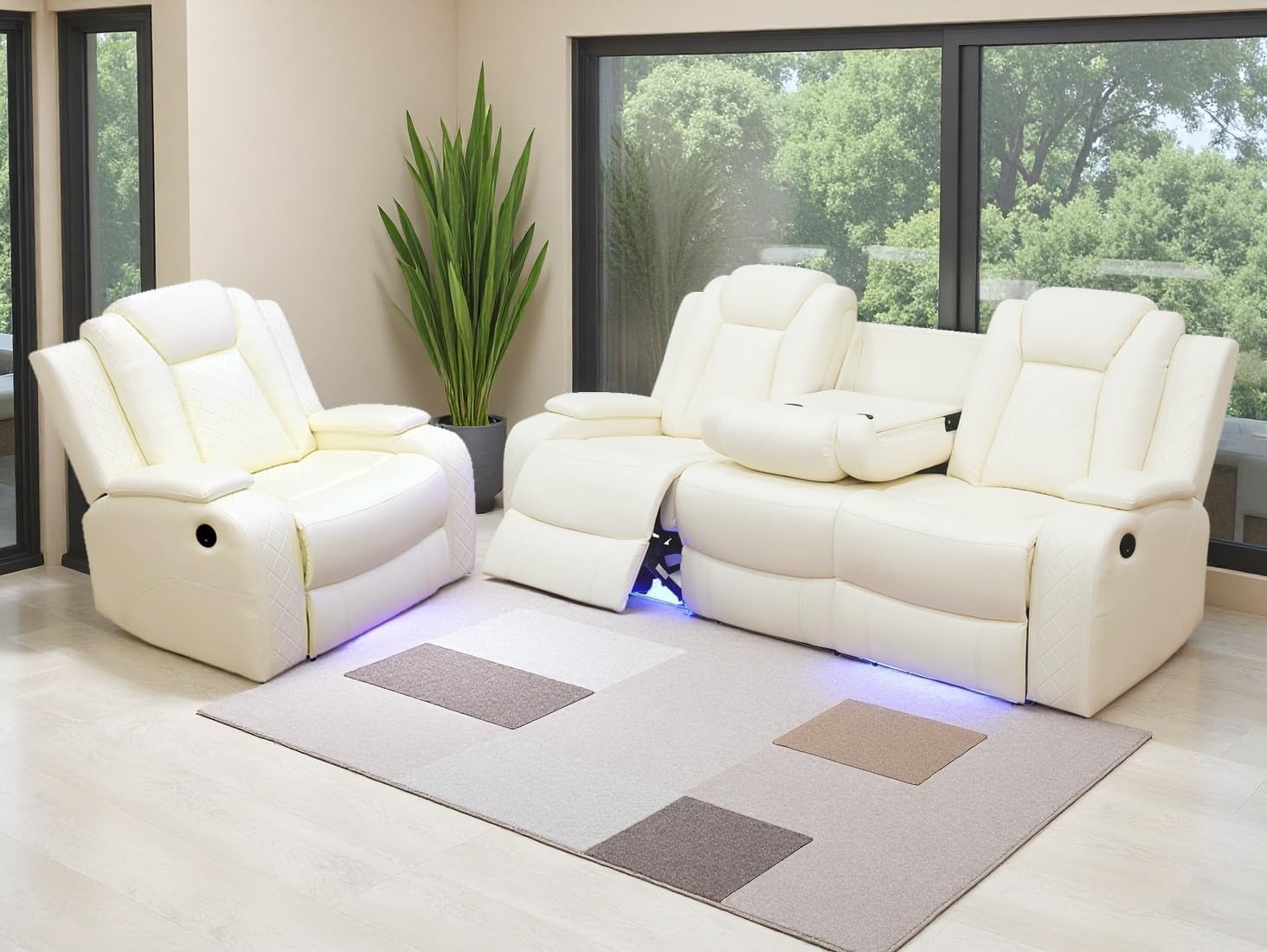 Dekxmas Breathing Leather Furniture Sets, Power Recliner Sofa Set, Living Room Sofa Vanilla White Sofa Couch, Chair with 3 Recliner Seats/Cup Holders/Storage Console/LED Light for Living Room