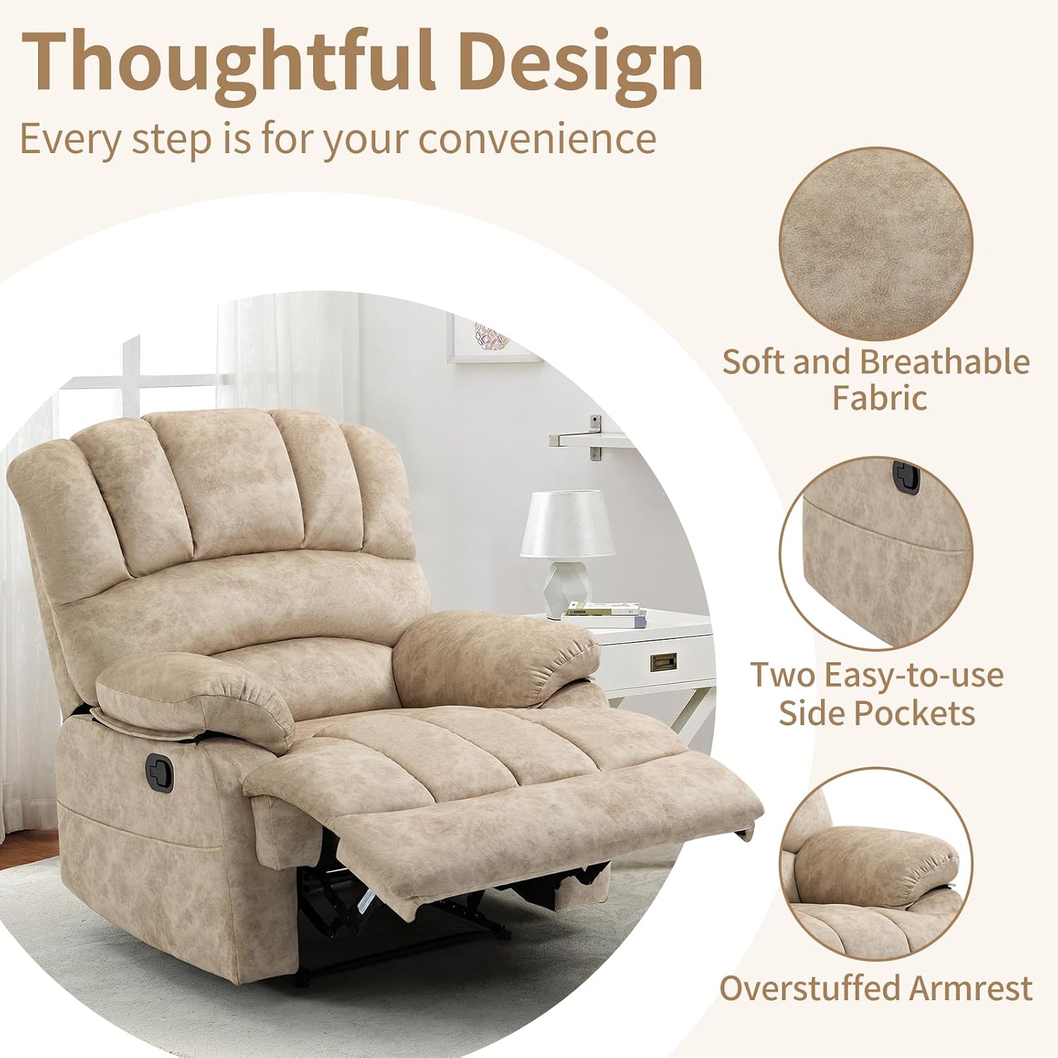 Manual Recliner Chair for Living Room, Single Sofa Recliners for Adults 350LBS, Heavy Duty Reclining Max 155 Degrees, Fabric Beige