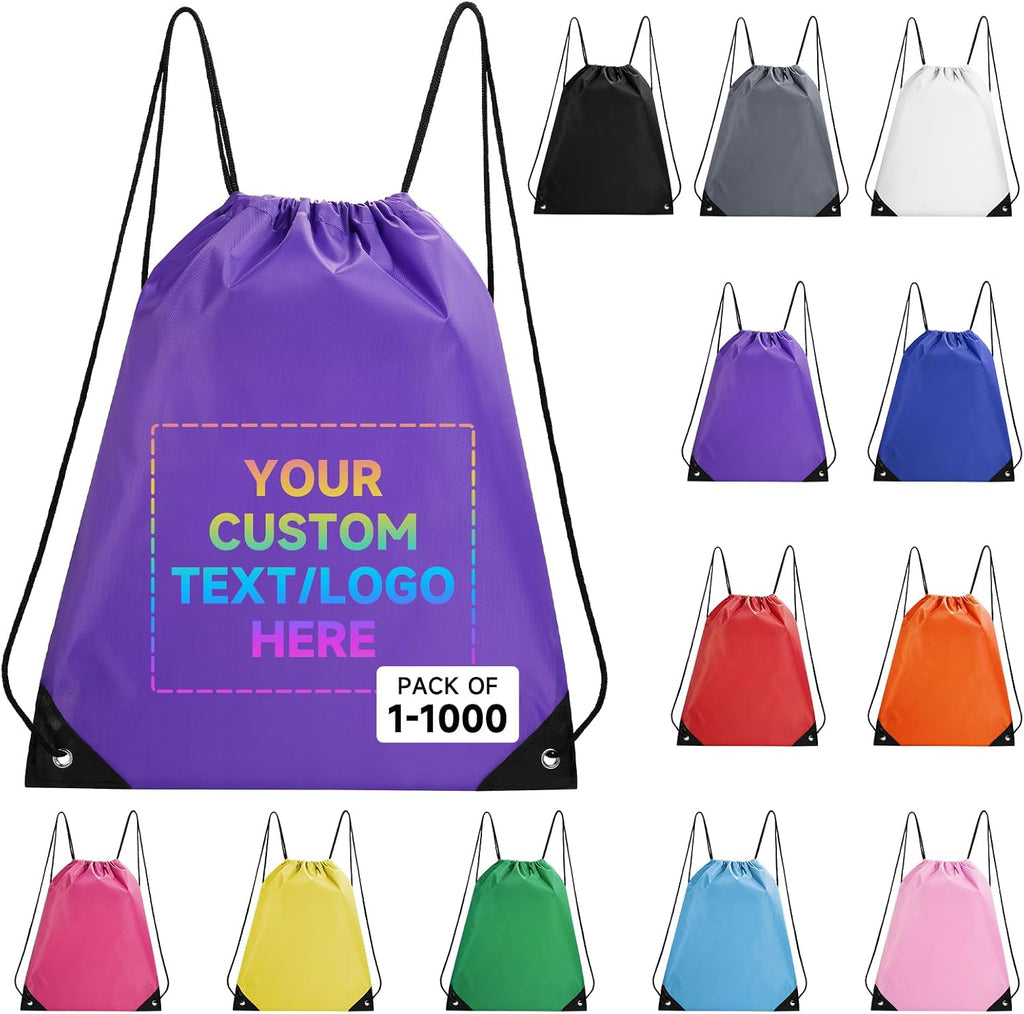 Custom Drawstring Bags With Logo, 100 Pack Personalized Text Drawstring Backpack Bulk Great for Travelling, Gym and for Everyday Use (Purple)