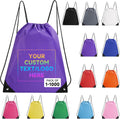 Custom Drawstring Bags With Logo, 100 Pack Personalized Text Drawstring Backpack Bulk Great for Travelling, Gym and for Everyday Use (Purple)