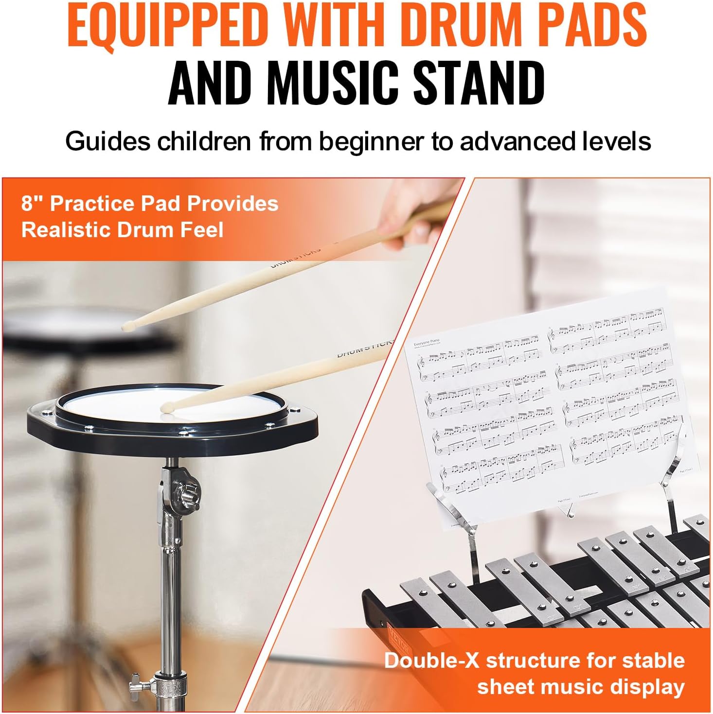 Happybuy 30-Note Glockenspiel Xylophone Bell Kit, Percussion Set with Mallets, Drum Sticks, Music Stand, 8' Practice Pad, Adjustable Stand, Carrying Bag, for Students & Adults