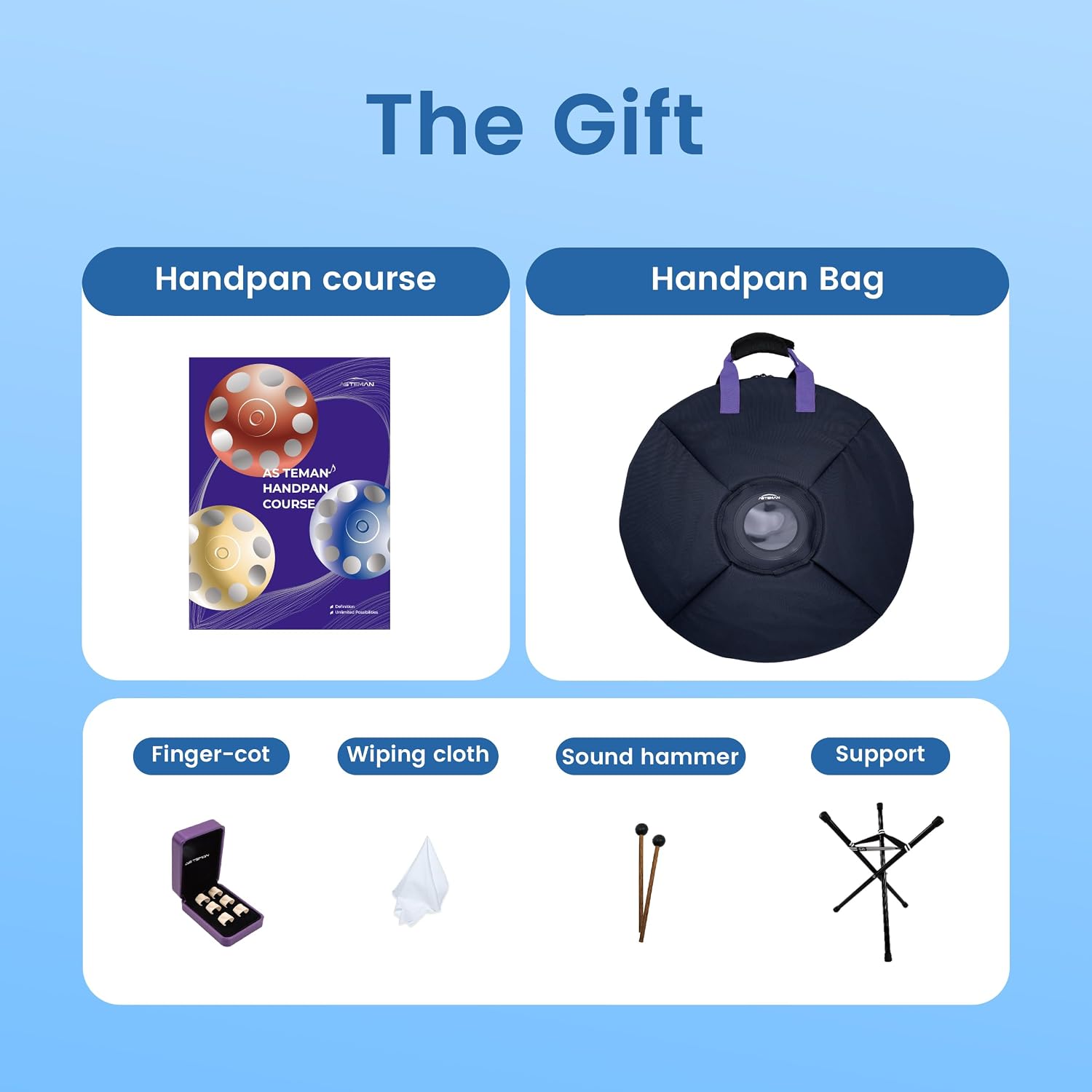ASTEMAN Handpan in D Minor,440hz, 22 inches with 10 notes, comes with a backpack, courses, finger sleeves, stand, cleaning cloth, and two mallets.