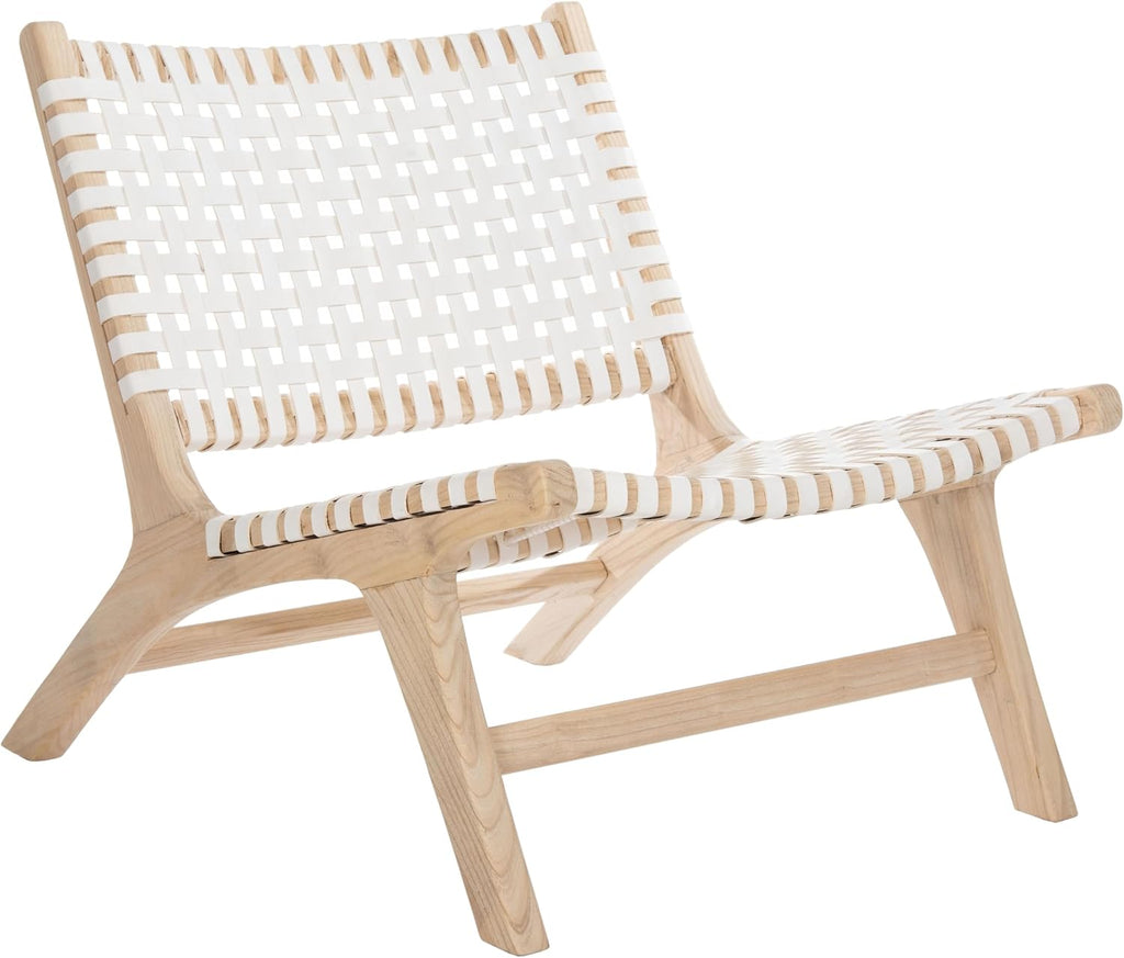 SAFAVIEH Home Collection – Luna Natural Solid Wood & White Leather Woven Accent Chair, Contemporary Lounge Chair, Fully Assembled (ACH1002A)