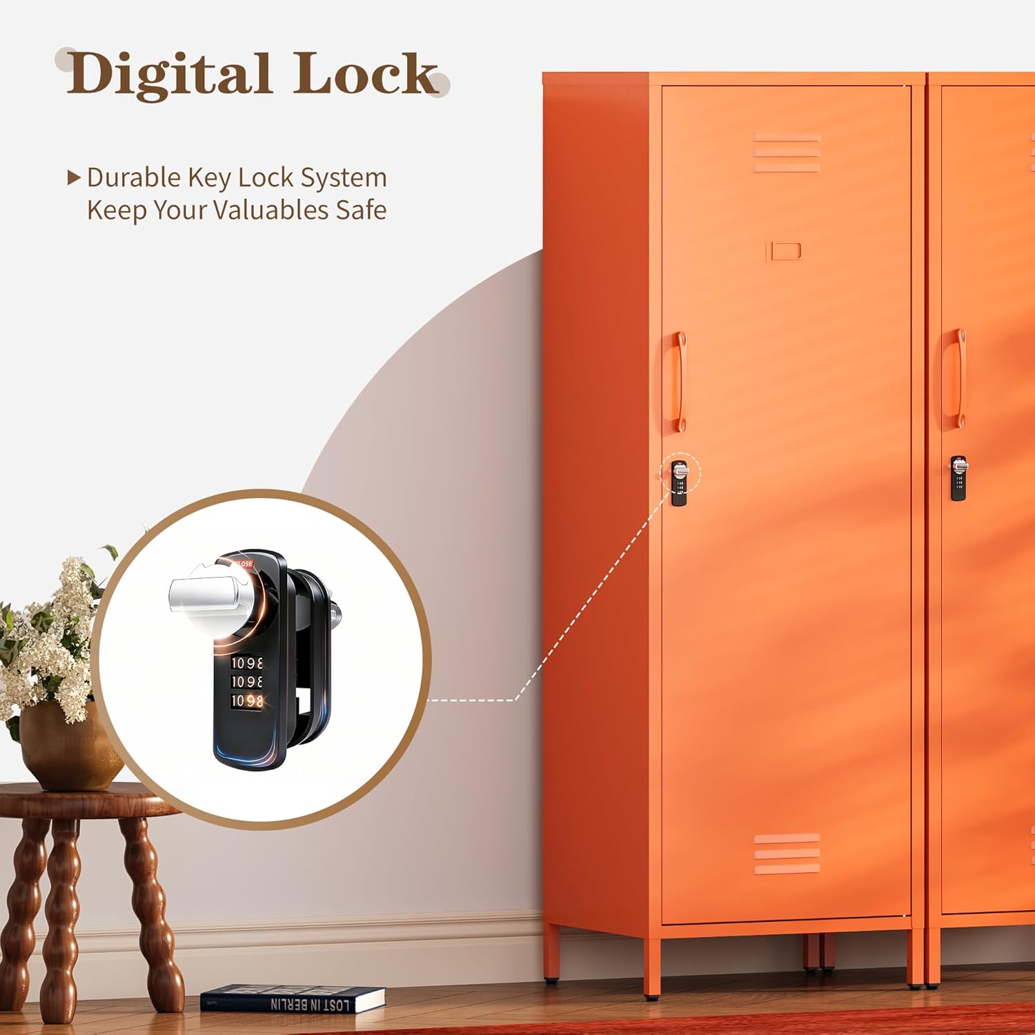 Metal Locker Storage Cabinets 59.06'H Orange Locking File Cabinets Kitchen Food Pantry Cabinet with 2 Doors and Shelves for Dining Room, Living Room,Bathroom Office,Home,Garage, Gym, School