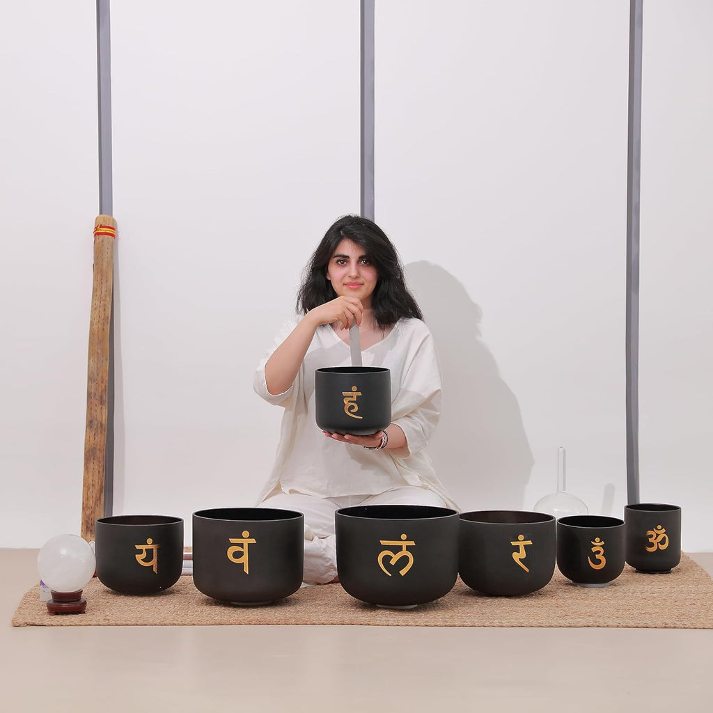TOPFUND 6-12 inch Chakra Set of 7 Golden Sanskrit Black Crystal Singing Bowls with Heavy Duty Carrying Case and Singing Bowl Mallets