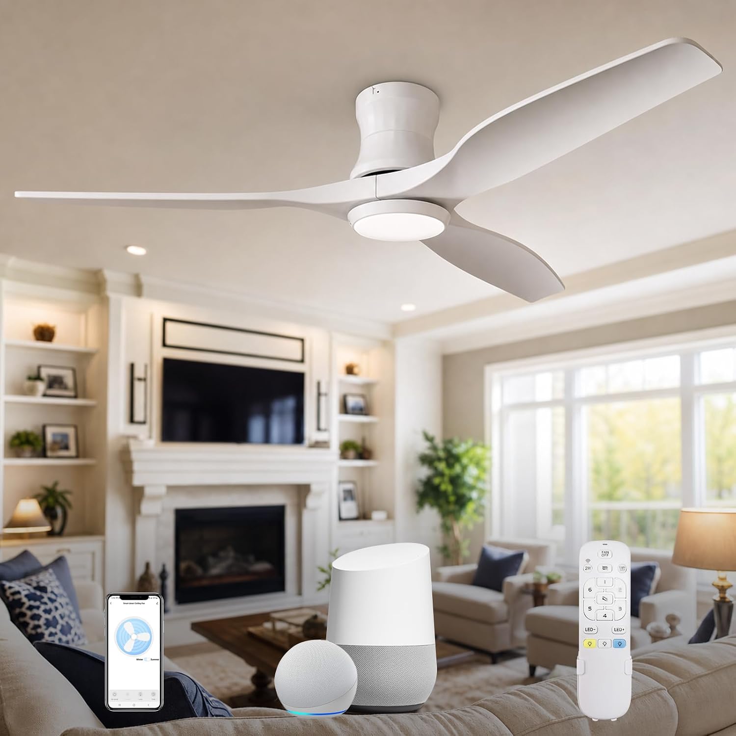 Smart 52' Wood Flush Mount Ceiling Fan with Remote Control, White | Quiet DC Motor, WiFi Alexa Voice Control, High CFM Dimmable LED, Low Profile, Reversible, 6 Speeds Adjustment, Time Setting