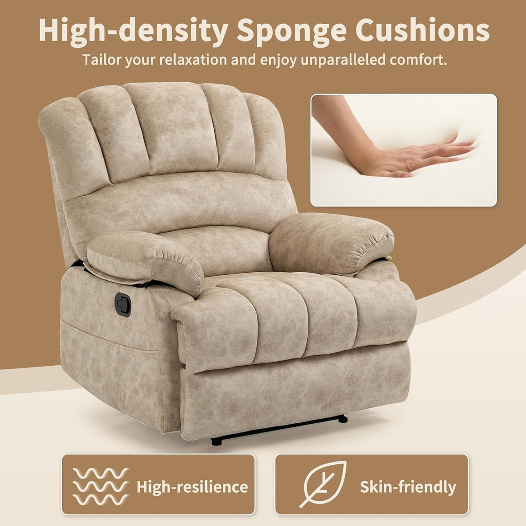 Manual Recliner Chair for Living Room, Single Sofa Recliners for Adults 350LBS, Heavy Duty Reclining Max 155 Degrees, Fabric Beige