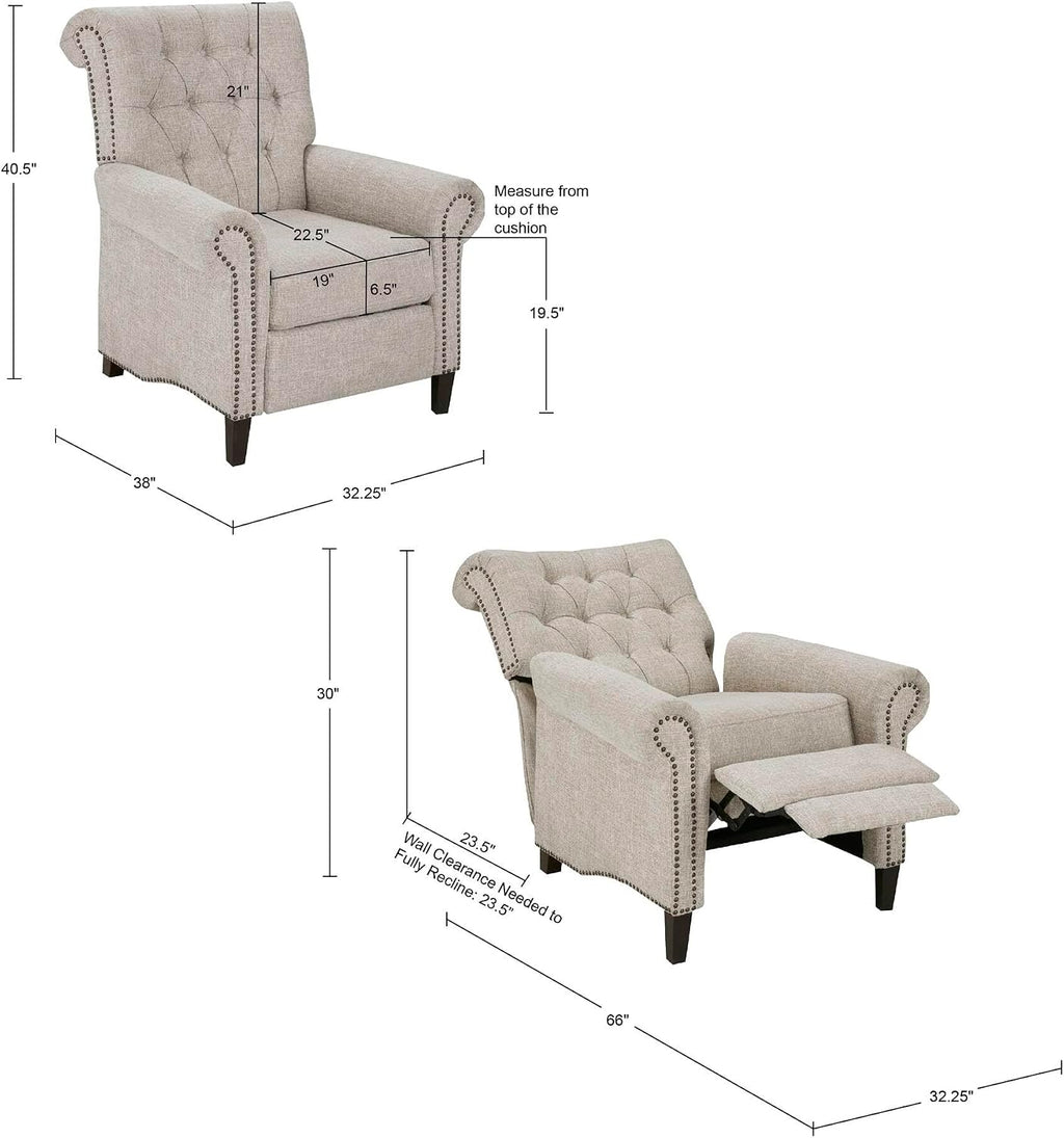 Madison Park Aidan Upholstered Manual Push Back Recliner Chair with Nailheads - Solid Wood, Plywood, Roled Back Button Tufted Accent Armchair Modern Classic Style Family Room Sofa Furniture, Cream