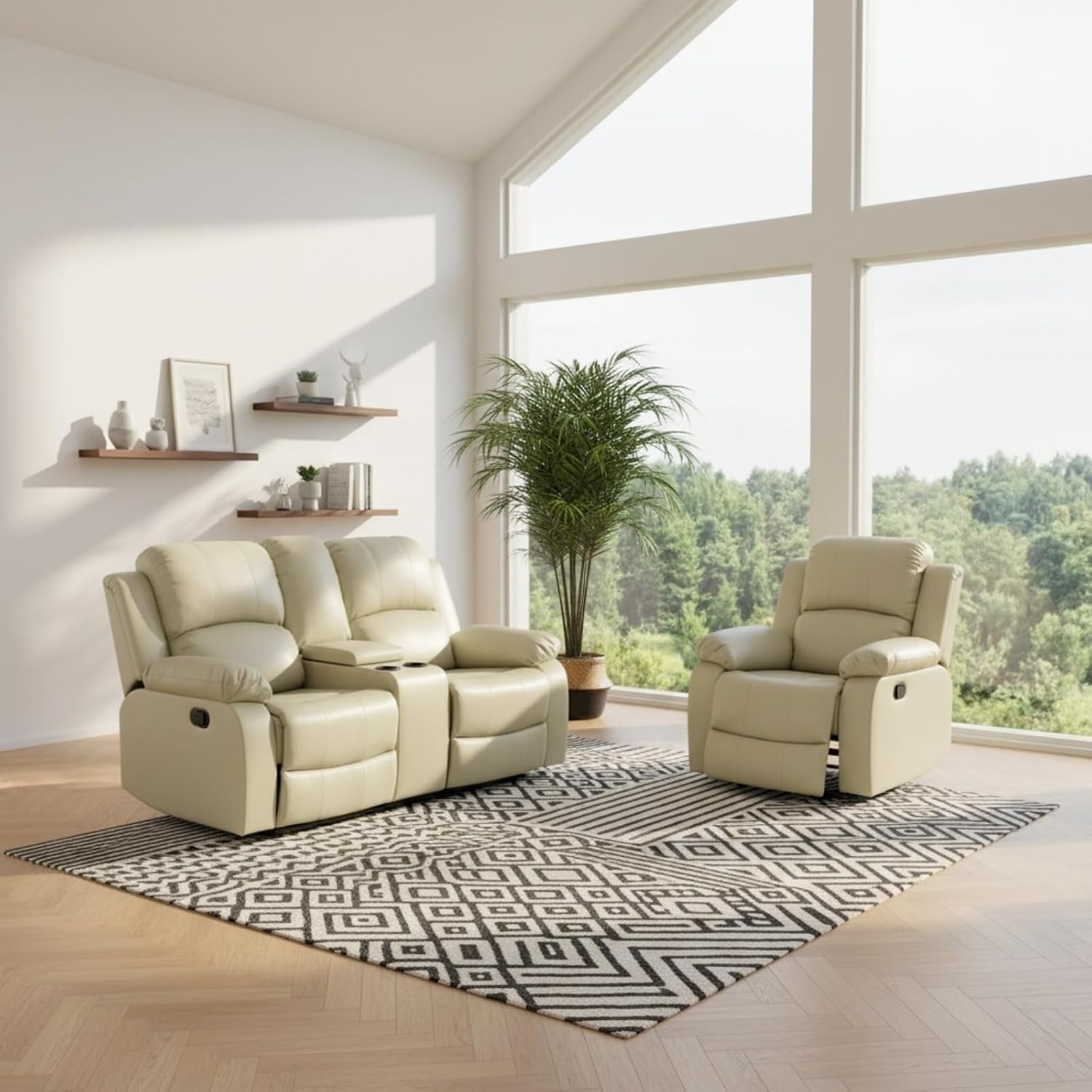 Leather Manual Recliner Sofa Set, Adjustable Backrest Reclining Loveseat Sofa & Recliner Chair, Comfortable Reclining Seats for Home Theater, Apartment, Beige
