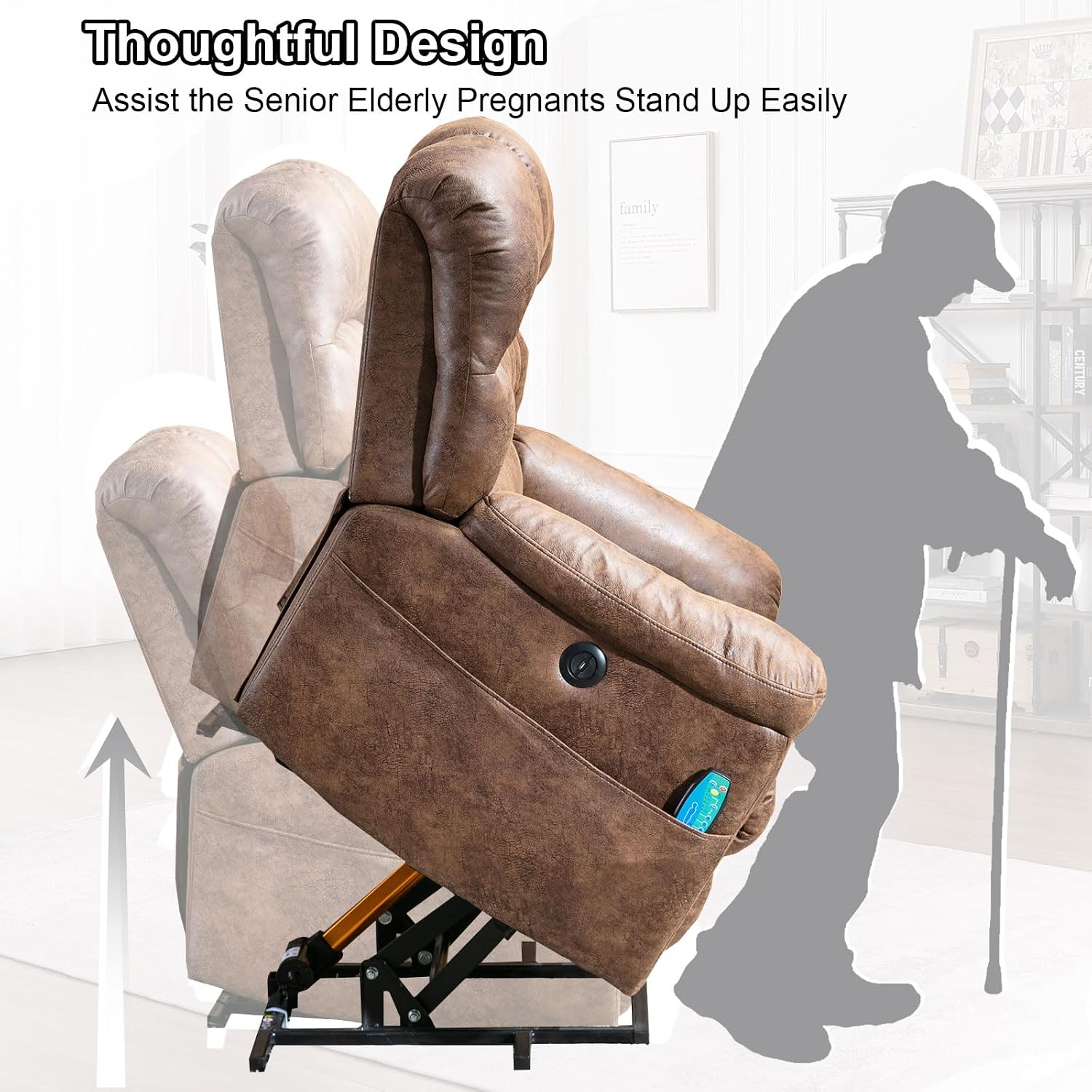 Bonzy Home Power Lift Chairs Recliner with Massage and Heating, Electric Recliner Chair with 24' Wide Seat for Big People, Full Padded Backrest, Waterproof Faux Leather, USB Charging Ports, Brown