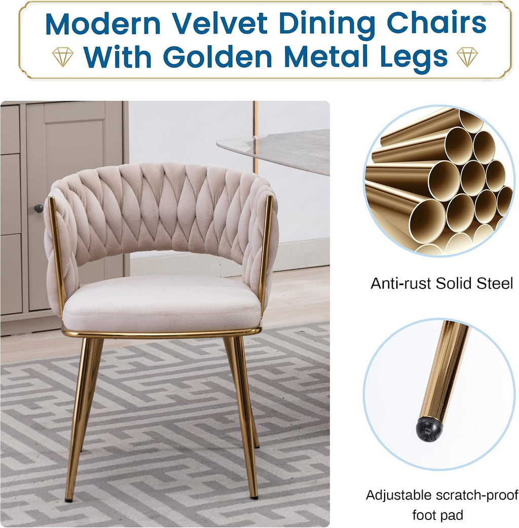 KCC Modern Velvet Dining Chairs Set of 4, Upholstered Living Room Chair with Woven Back and Golden Metal Legs, Mid-Century Accent Side Chair for Dining Room, Kitchen, Beige