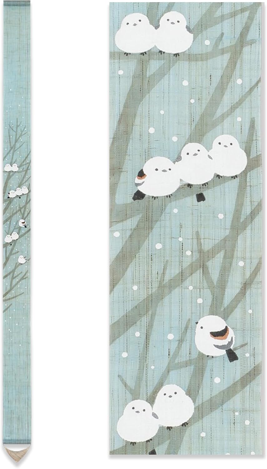 KYOTO RAKUSHIAN Japanese Wall Tapestry Hanging Scroll (Long-tailed Tit) Mini Long and Narrow/Made in Japan Linen 100% Japanese Asian Oriental Room Home Bedroom Aesthetic Decor