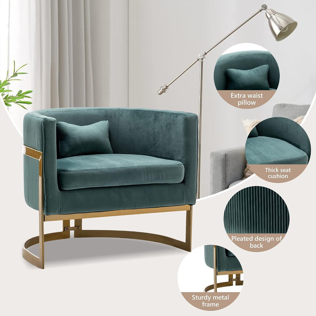 Velvet Accent Chair, Modern Upholstered Arm Chair for Living Room Bedroom Sofa Side Chair Velvet Barrel Chair with Gold Legs Lake Blue