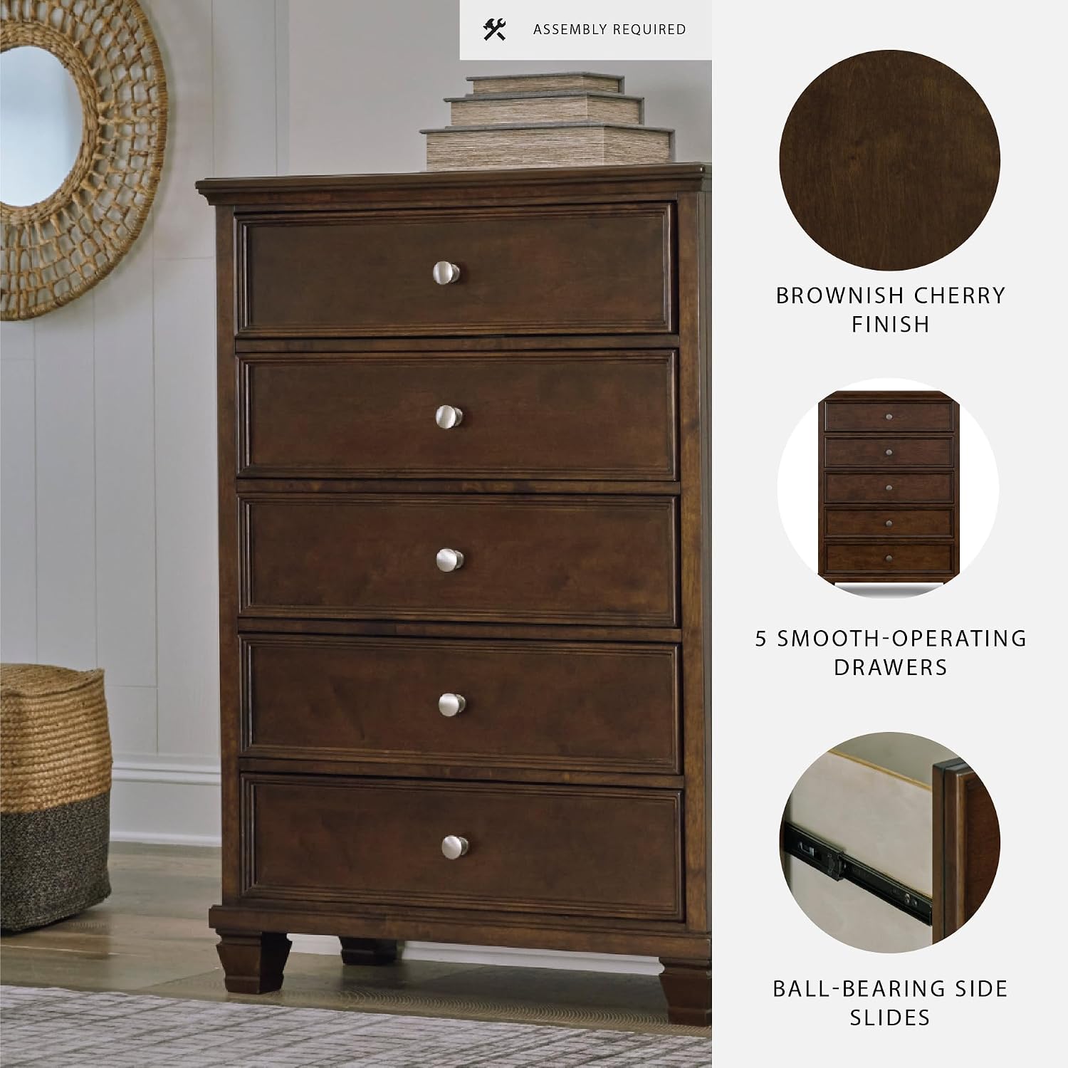 Signature Design by Ashley Danabrin Traditional 5 Drawer Chest for Bedroom, Dark Brown