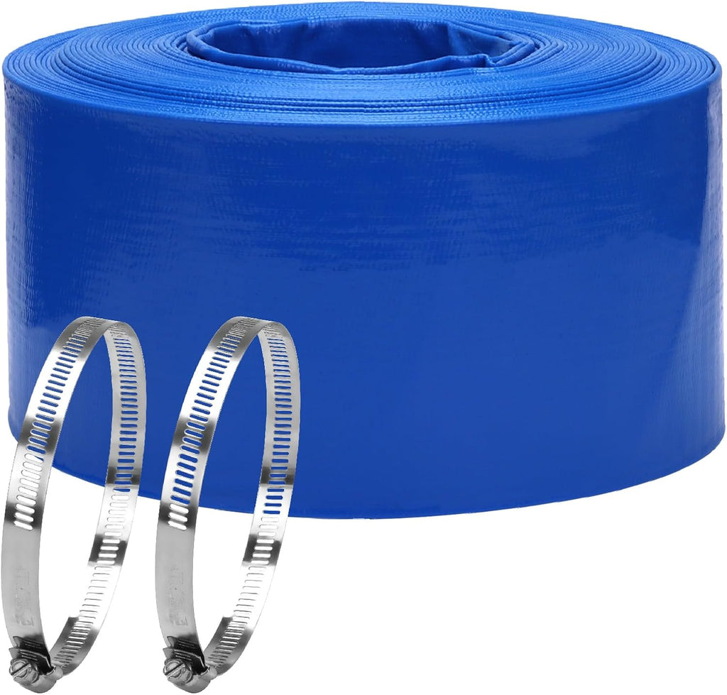 Lay-Flat Pool Backwash Hose - 4' x 100Ft Reinforced Heavy Duty PVC Discharge Hose Weather-Proof Vinyl Pool Drain Hose for Water Transfer with 2 clamps