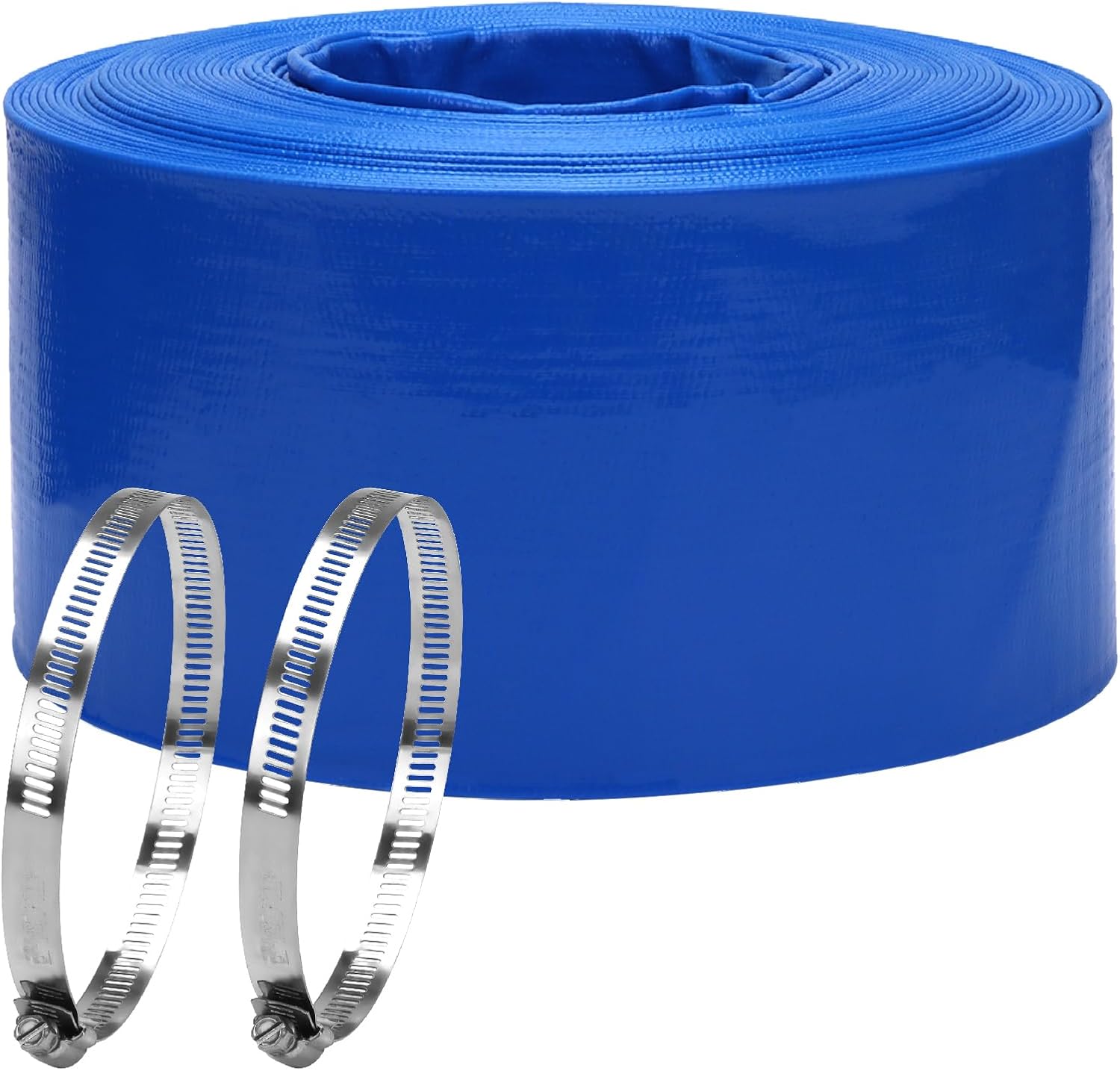 Lay-Flat Pool Backwash Hose - 4' x 100Ft Reinforced Heavy Duty PVC Discharge Hose Weather-Proof Vinyl Pool Drain Hose for Water Transfer with 2 clamps