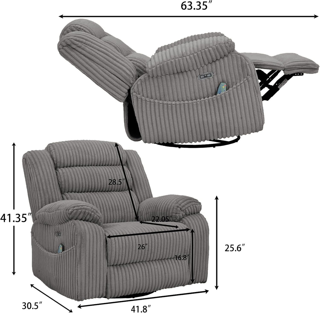 ERYE Oversized Glider Rocker Chair 270° Swivel & Power Reclining Chair W/Vibration Heat and USB-C Ports,Power Recliner Armchair Corduroy Upholstered Nursery Armchair