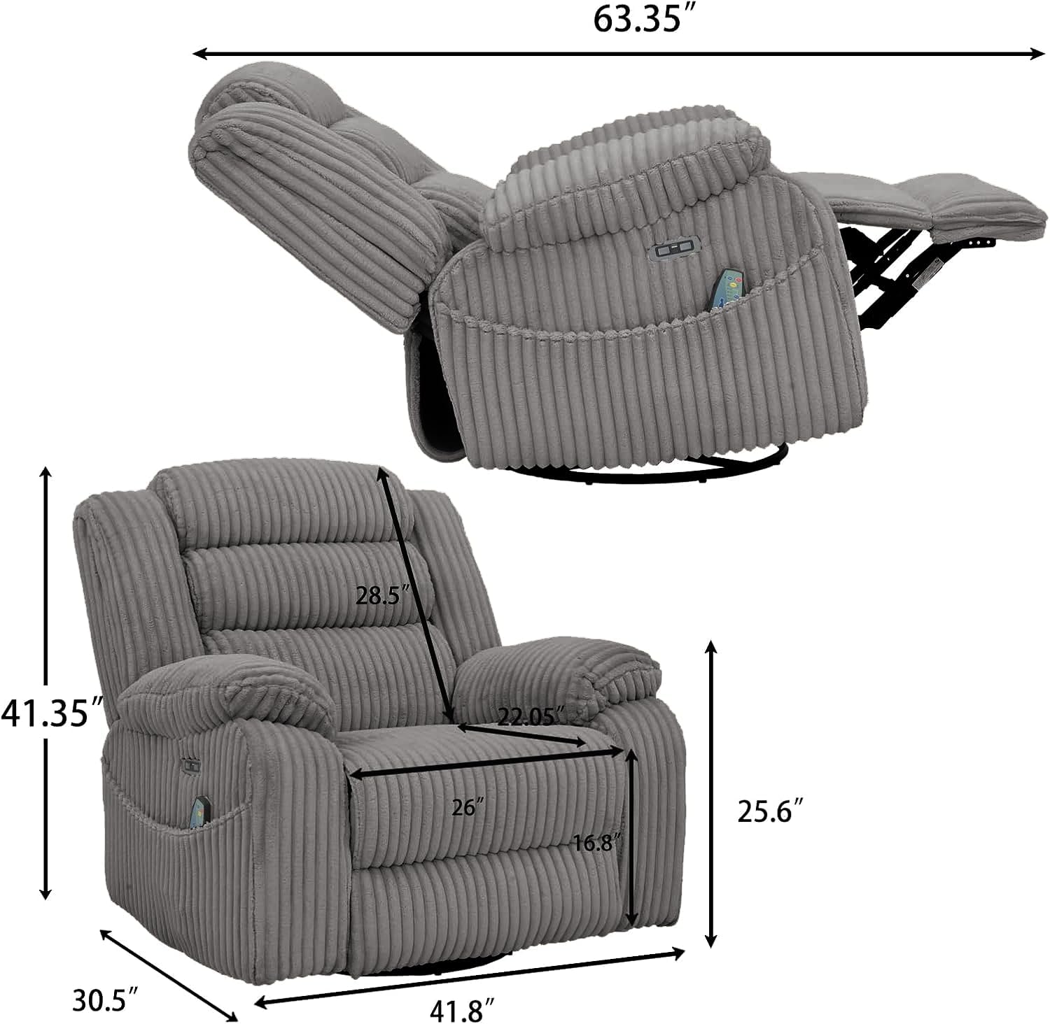ERYE Oversized Glider Rocker Chair 270° Swivel & Power Reclining Chair W/Vibration Heat and USB-C Ports,Power Recliner Armchair Corduroy Upholstered Nursery Armchair