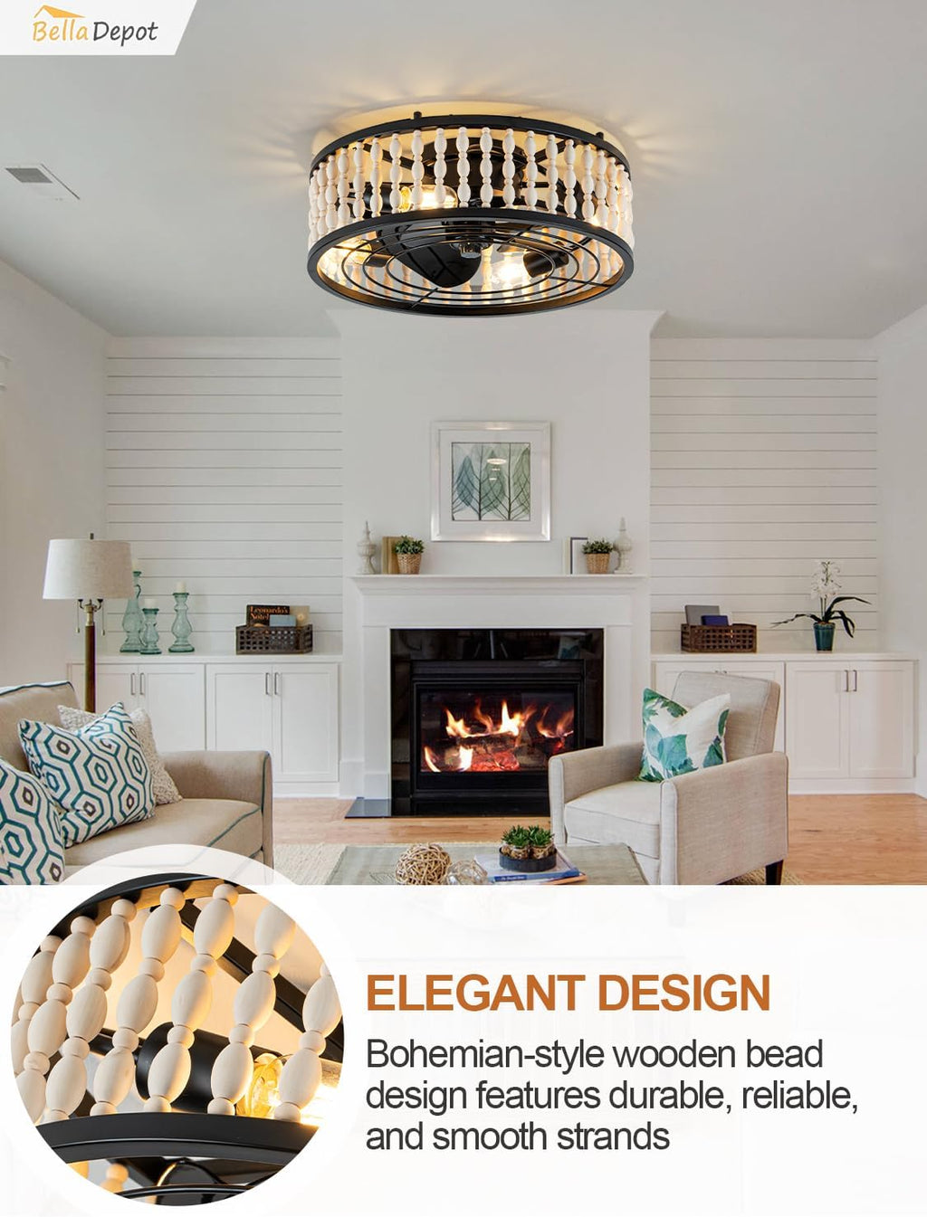 Bella Depot 19' Boho Ceiling Fan with Light, Flush Mount Wood Beaded Fandelier Chandelier Fan, 6 Speeds Reversible Bladeless for Bedroom Kids Room Kitchen, Black Wood