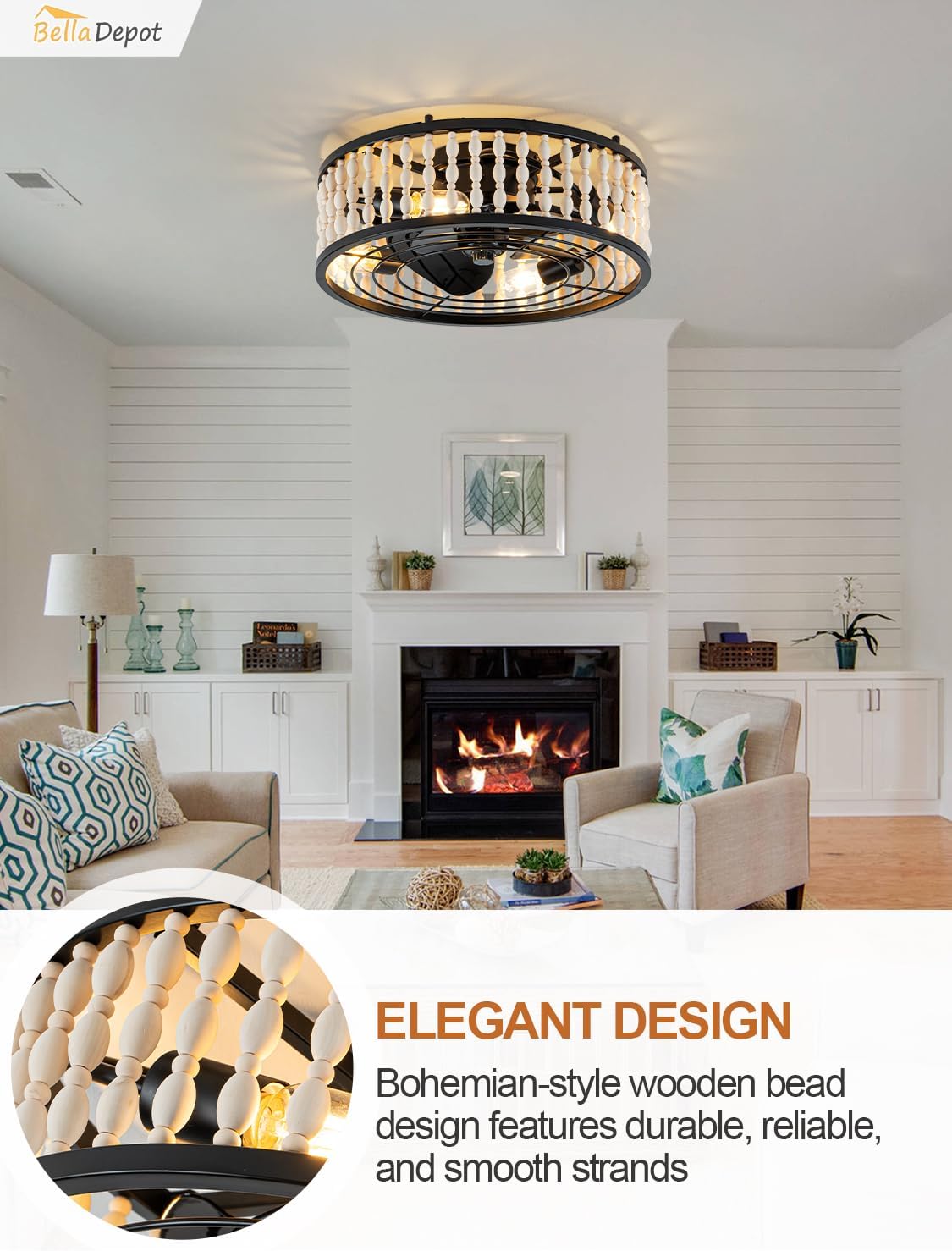 Bella Depot 19' Boho Ceiling Fan with Light, Flush Mount Wood Beaded Fandelier Chandelier Fan, 6 Speeds Reversible Bladeless for Bedroom Kids Room Kitchen, Black Wood
