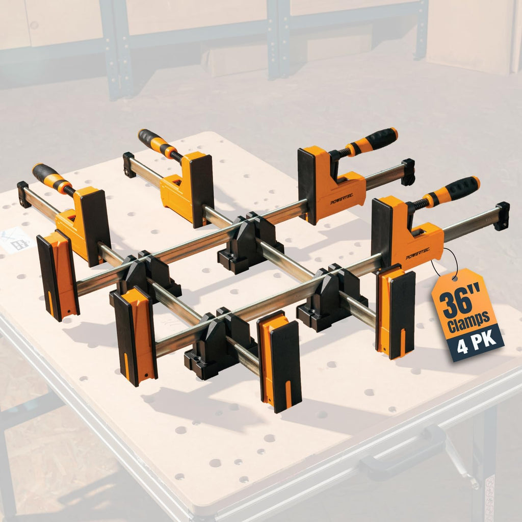 POWERTEC 72450 36' Woodworking Parallel Clamps Jaw Bar Clamp Spreader Tool 4PK, with 4PK Parallel Clamp Blocks - for Cabinet Door & Frame Gluing