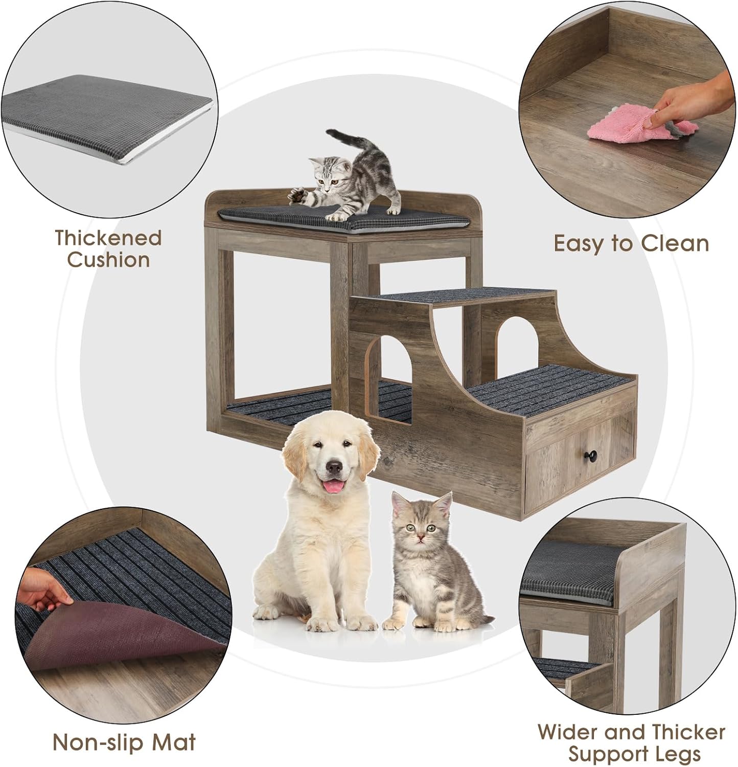 Pet Bunk Bed for Cats, Multi-Level Pet Window Perch Seat Platform with Removable Stairs and Mats for Cats and Dogs, Pet Bed Couch with Drawers for Bedside, Home, Indoor Use, Grey