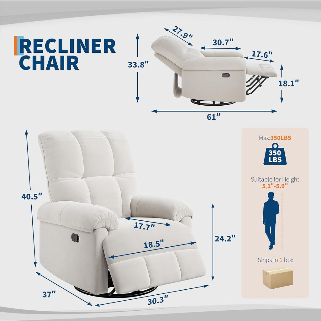 GarveeHome Recliner Chair, 360° Swivel Rocker Glider Nursery Chair with Padded Armrest and Deep Seat, Chenille Upholstered Reclining Sofa Chair for Living Room, Bedroom and Nursery(Cream)